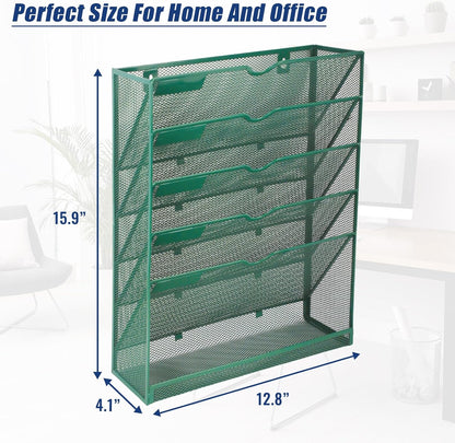 EASEPRES Desk File Organizer Mesh 6-Tier, Hanging Wall Mount Document Organization Stand, Desktop Vertical Mail Paper Folder Holder Rack with Bottom Tray for Office Home Cubicle Countertop, Black