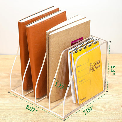 Acrylic Magazine File Holder, 4 Vertical Compartments Desk Document Sorter Organizer, Clear Folder Rack Binder for Office, Documents, Tablets, Magazines, Books – Home/Classroom Rack
