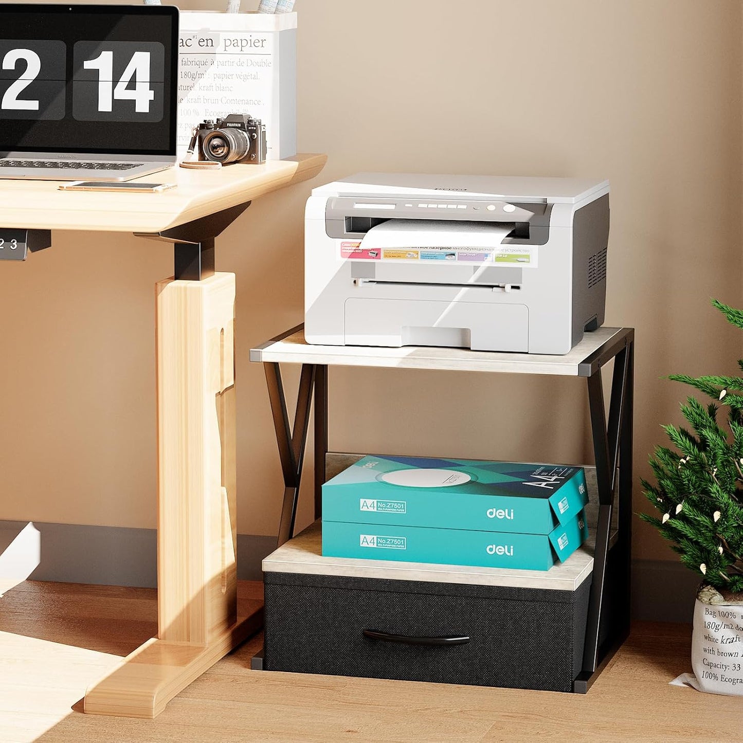 aboxoo Printer Stand for Desk with Storage Drawer, 2 Tier Desktop Or UnderDesk Shelf, Multi-Purpose Desk Organizer for Home Office, fit Fax Machine/3D Printer/Scanner, Rustic Brown