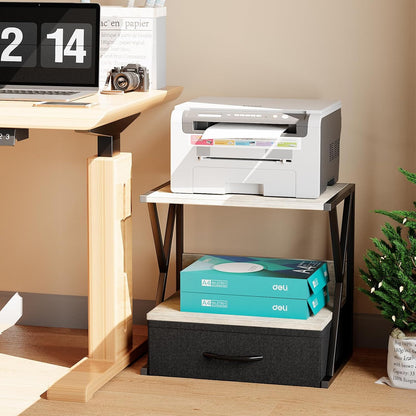 aboxoo Printer Stand for Desk with Storage Drawer, 2 Tier Desktop Or UnderDesk Shelf, Multi-Purpose Desk Organizer for Home Office, fit Fax Machine/3D Printer/Scanner, Rustic Brown