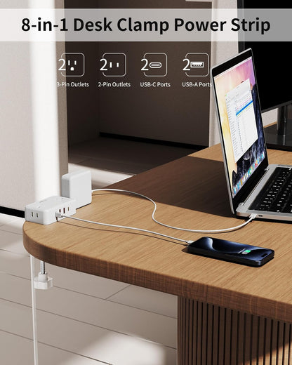 HOPOW Desk Clamp Power Strip, Desktop Mount Charging Station with 4 Outlets 4 USB Ports (2 USB C), 10Ft Under Desk Power Strip, Fits 2.75" Tabletop Edge, Extension Cord for Home Office, Black