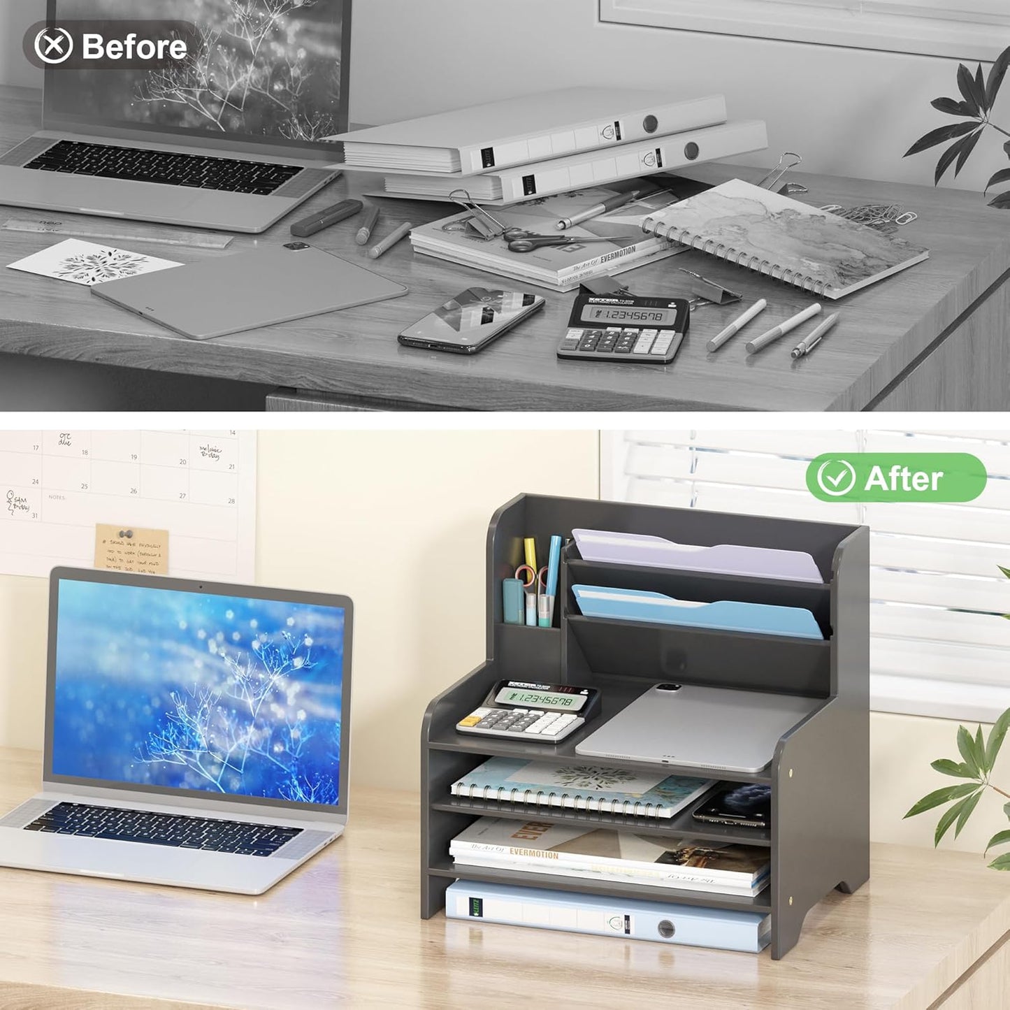 Desk File Organizer 4-Tier Desktop Paper Mail Organizer Document Holder for Home Office Supplies, Office Desk Accessories & Workspace (Nature)