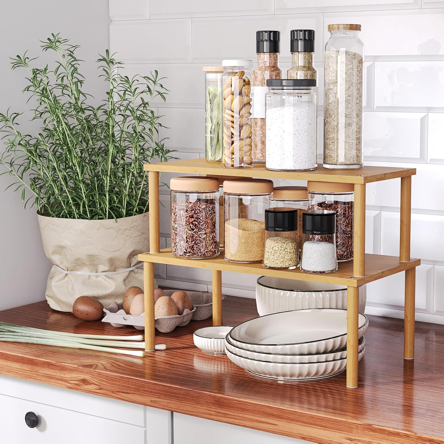 VERTORGAN Cabinet Organizer Shelf(Set of 2),Kitchen Counter Shelves,Bamboo Stackable Expandable Spice Rack Countertop(Medium)
