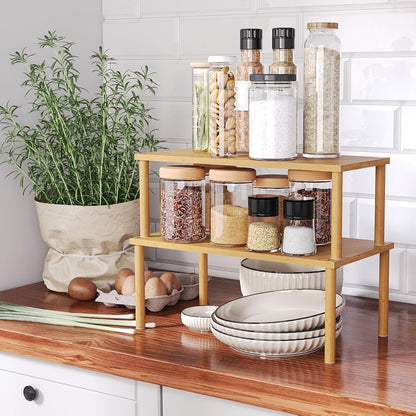 VERTORGAN Cabinet Organizer Shelf(Set of 2),Kitchen Counter Shelves,Bamboo Stackable Expandable Spice Rack Countertop(Medium)