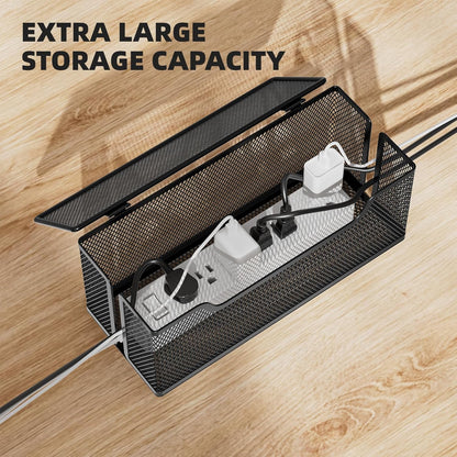 3 Pack Cable Management Box, Metal Mesh Cord Organizer Box for TV Wires, Electrical Hiding, Power Strip – Under Desk Cable Storage Box with Cable Clips&Reusable Cable Ties for HomeOffice - White