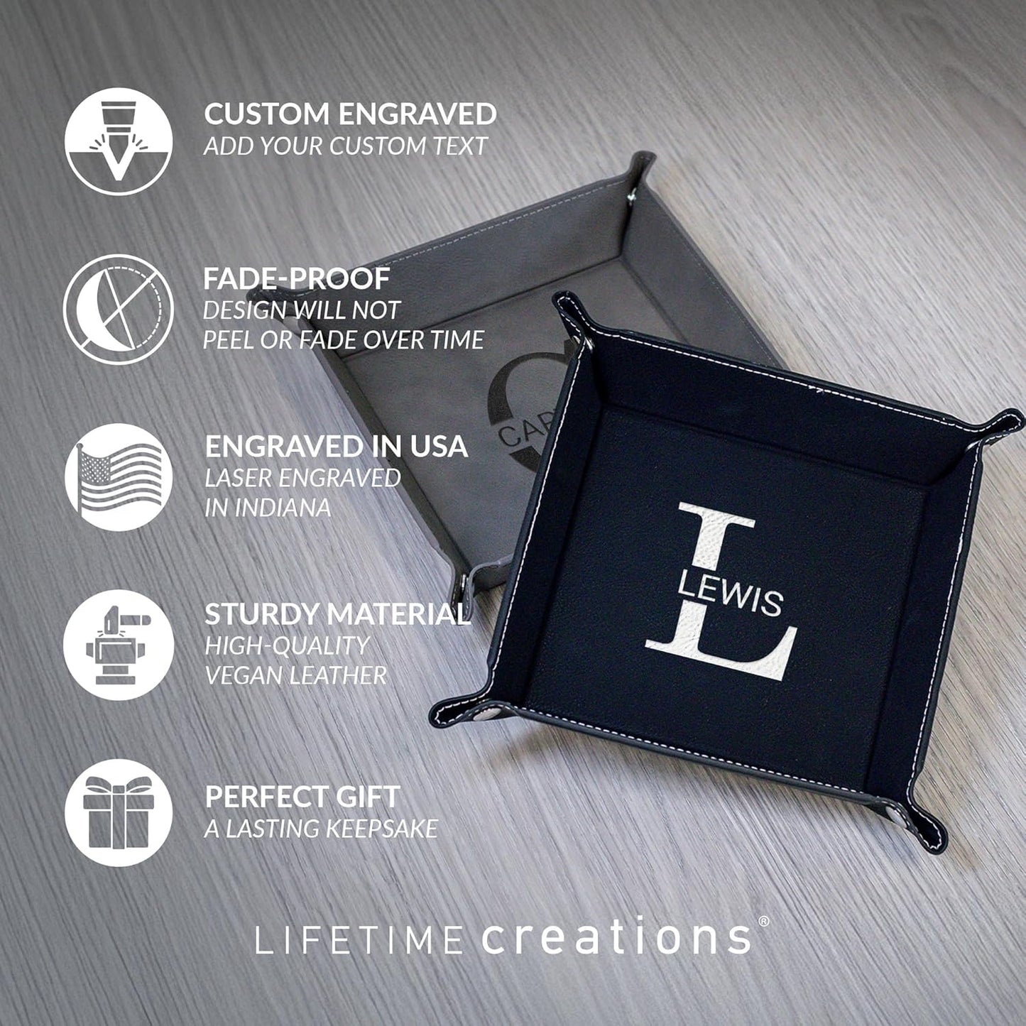 Lifetime Creations Monogrammed Valet Tray for Men (Brown) - Personalized Vegan Leather Catch All, Nightstand Desktop Desk Organizer for Coins, Keys, Watch