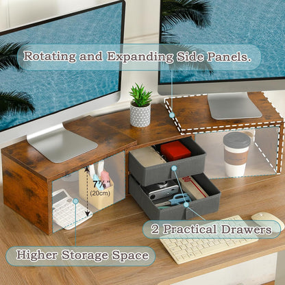 TEAMIX Dual Monitor Stand Riser with 2 Drawers-Length and Angle Adjustable 3 Shelf Monitor Riser with Storage Desk Organizer Large Computer Monitor Stand for 2 Monitors/Laptop/PC,Wood Screen/TV Stand