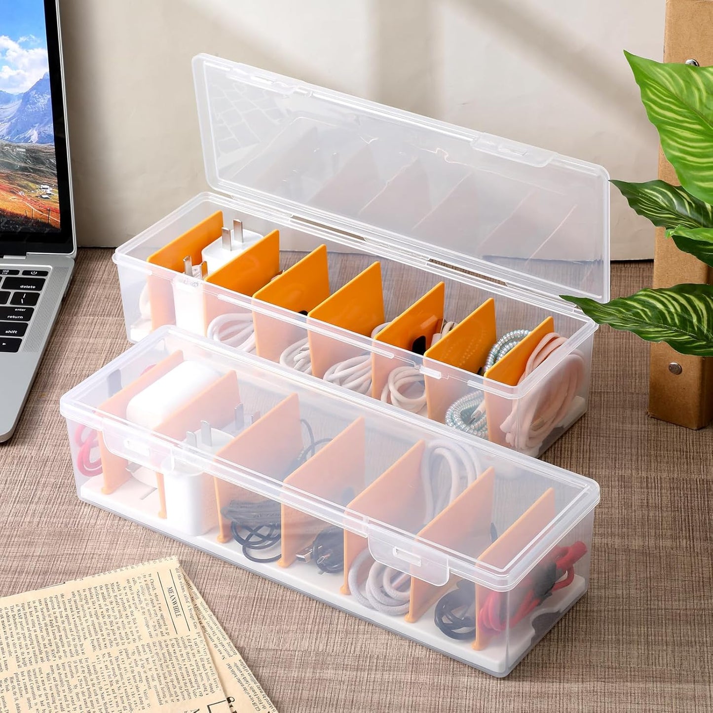 COMNICO 2 Pcs Cable Organizer Box with Lid, Clear Plastic Cord Storage Desk Organizers Desktop Cable Management Multifunctional Accessories for Home Drawer Office