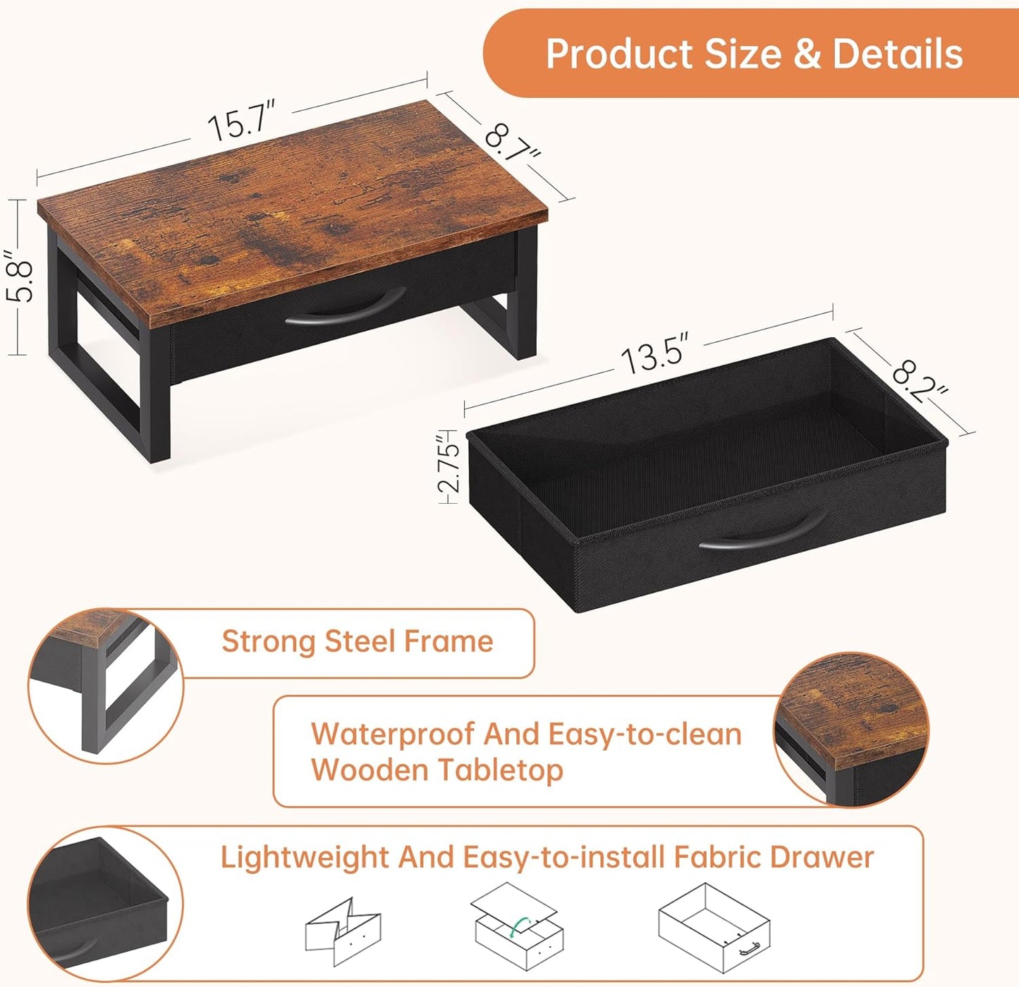 Desk Organizers and Accessories, Computer Monitor Stand Riser with Fabric Drawer, 2-Tier Laptop Stand for Desk, Office Organization Accessories, Pink