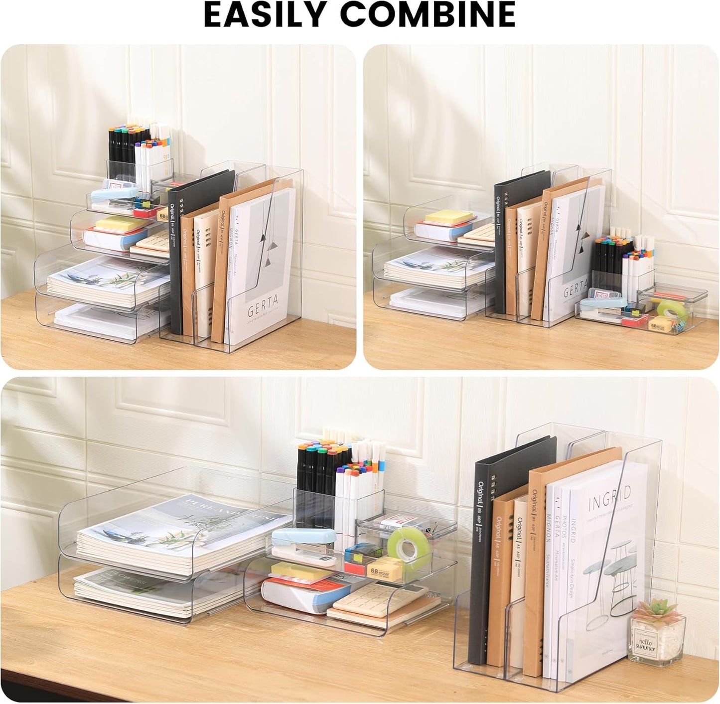 CiWiVOKi Desk Organizer with 2 Vertical File Holder, 4 Tier Stackable Paper Letter Tray File Organizer with 5-Compartments Pen Holder, Clear Desktop Organizer Office Organization and Storage