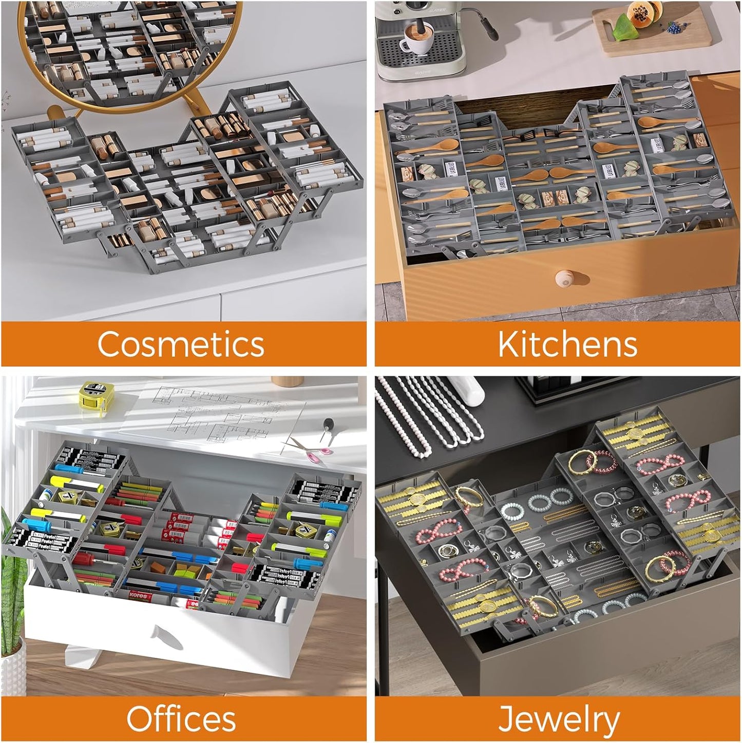 3 Tier Drawer Organizer - Expandable Junk Drawer Organizers Smart Office Supply Organizer, Folding Drawer Storage Multi-level Desk Organizer for Makeup,Jewelry,Cosmetics,Kitchen Storage (1 Row 3 Tier)
