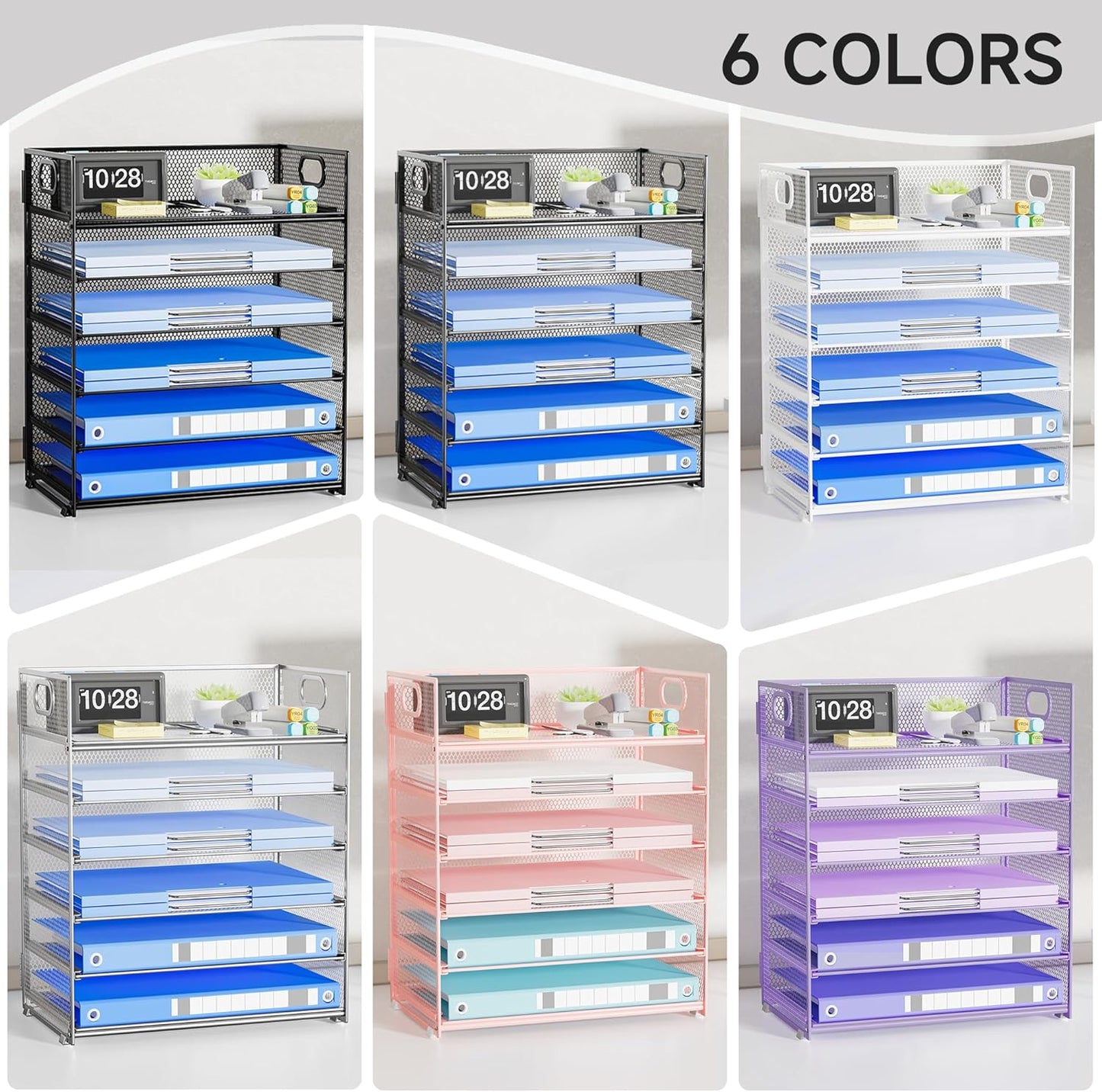 Paper Organizer Letter Tray with Handle, 5-Tier Black Stackable Desk Organizer with Metal Mesh, Sturdy Paper Tray for Office Desk, Home & Classroom Supplies Storage