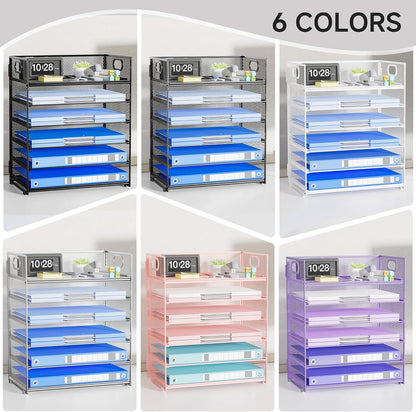 Paper Organizer Letter Tray with Handle, 5-Tier Black Stackable Desk Organizer with Metal Mesh, Sturdy Paper Tray for Office Desk, Home & Classroom Supplies Storage