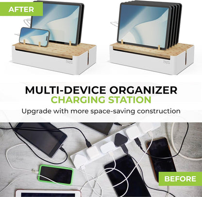 Prosumer's Choice Wooden Charging Station Organizer - 5-Port Base for Phones, Tablets and Laptops - Multi-Device Docking Station with Removable Divider Slots - Cord Box with Cable Management - Bamboo