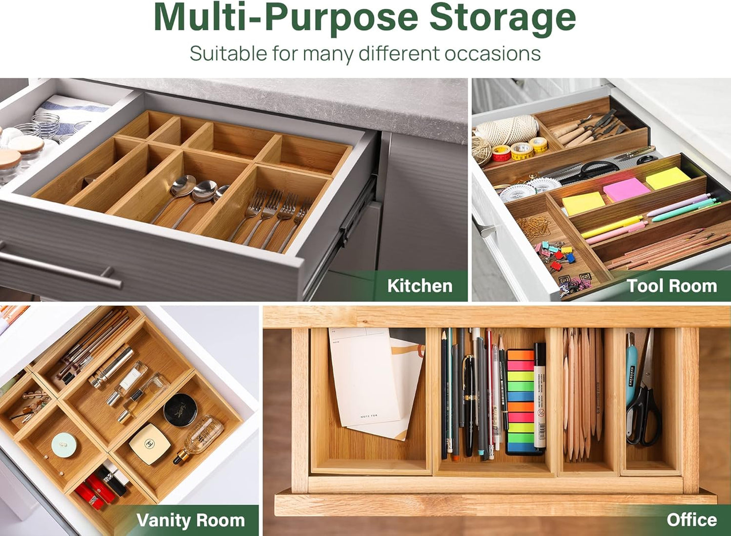 Kootek 6 Pcs Bamboo Drawer Organizer Utensil Tray Kitchen Storage Box 3-Size Versatile Dividers Cutlery Holders Bins Containers for Flatware Kitchen Utensils