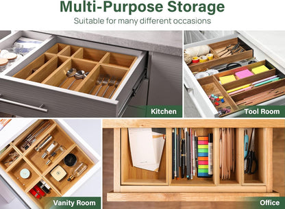 Kootek 6 Pcs Bamboo Drawer Organizer Utensil Tray Kitchen Storage Box 3-Size Versatile Dividers Cutlery Holders Bins Containers for Flatware Kitchen Utensils