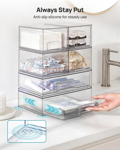 Vtopmart Stackable Storage Drawers Set of 4, Clear Plastic Organizer Bins for Bathroom Supplies,Ideal for Cabinet,Pantry,Laundry Room Organization