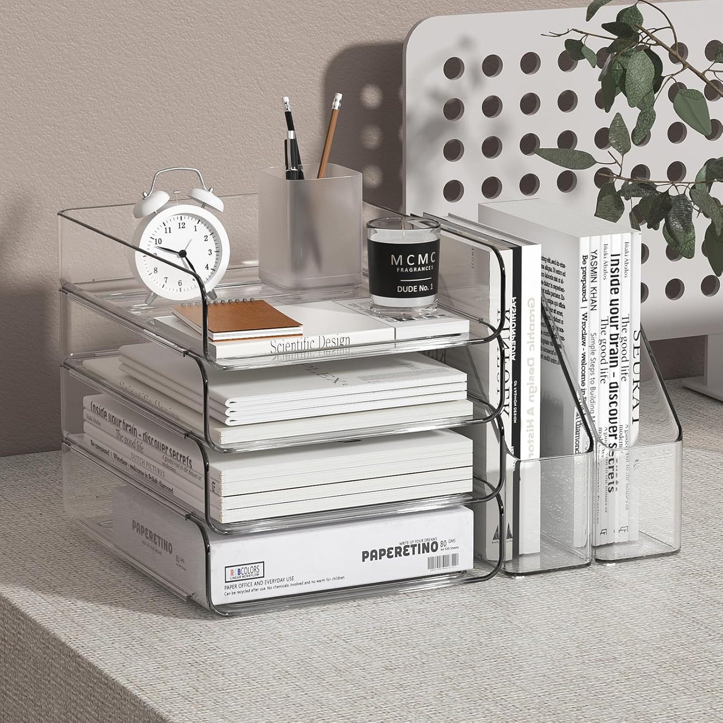 FANXIYQ 4-Tier Horizontal Acrylic Paper Tray Organizer with Bookends | Clear Stackable Desk Organizer for Documents, Letters, A4 Paper | Modern Office/Classroom/Home Organization