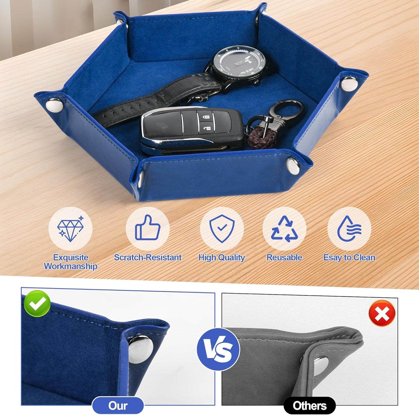 Deluxe Leather Tray Desktop Storage Organizer Watch Remote Control Jewelry Cell Phone Wallet Keychain Desktop Storage for Home, Camping Unique Gift Ideas for Men and Friends