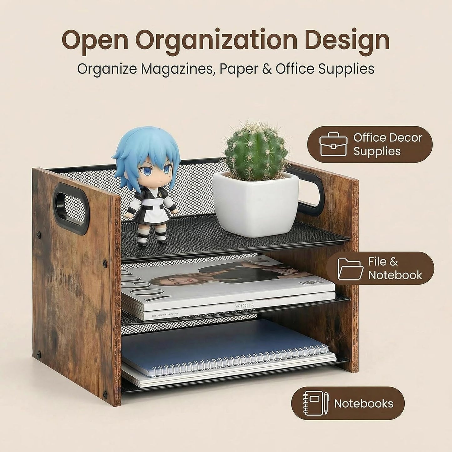 Wood Desk Organizer - 3-Tier Desktop File Organizer with Drawer, Wooden Paper Tray, Office Desk Organzier and Accessories for Papers, Mail, Notebooks, Stationery