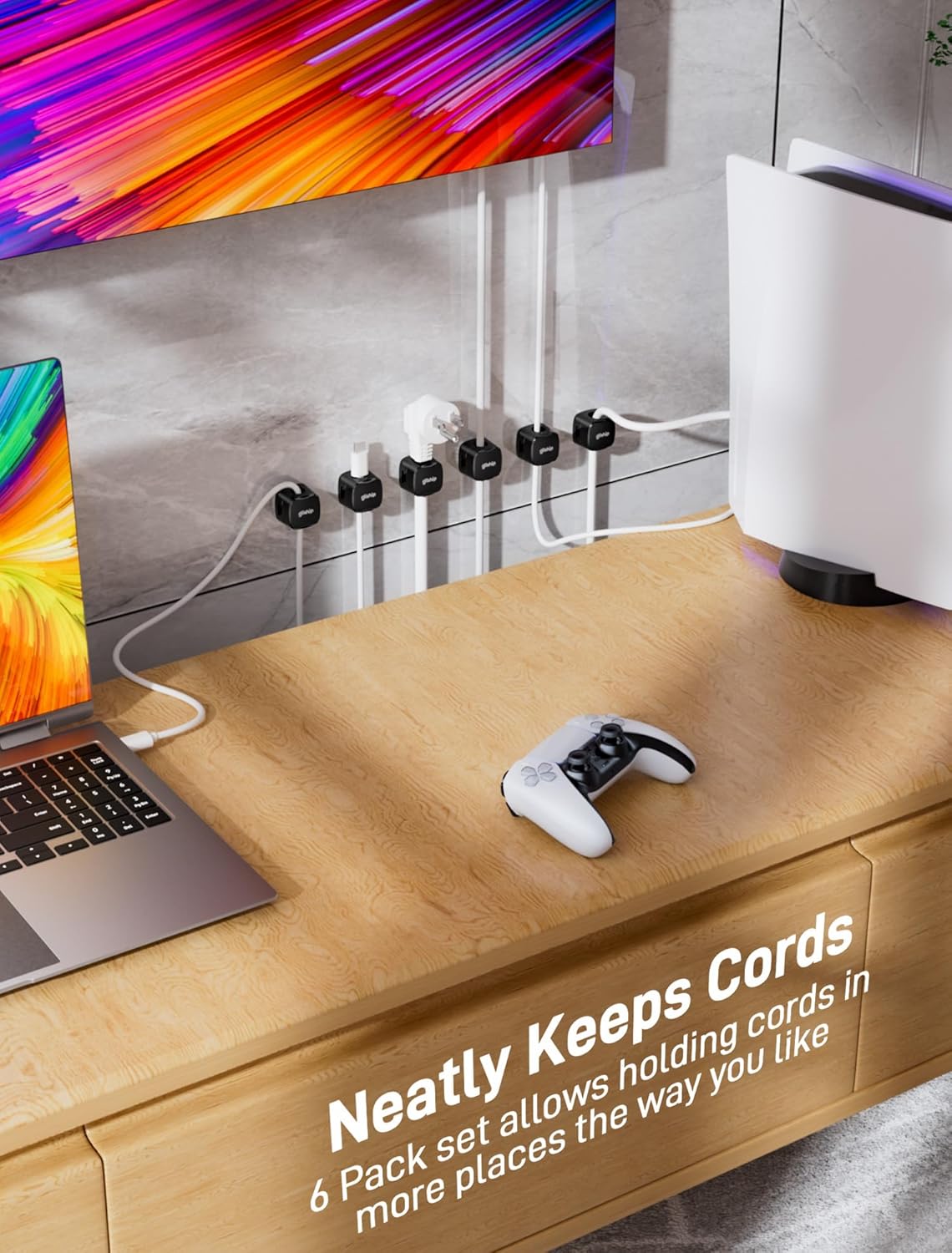 6-Pack Magnetic Cable Clips - Cell Phone Cord Holder for Nightstand, Mini Cube Cord Holder with 6 Extra Strong Adhesive Pads, USB Cable Magnetic Clip for Office Desk Home