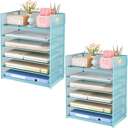 Subekyu 6 Tier Office File Paper Desk Tray Organizer with Handle, Stackable Slide Mesh Letter Tray Folder Blue Desk Organizer, Desktop Document Sorter for Classroom, Office, Home Supplies Storage