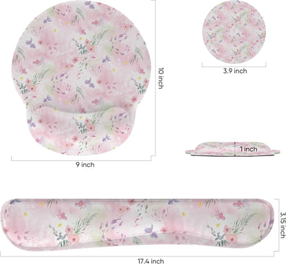 Ergonomic Keyboard Mouse Pad Wrist Rest Support Set for Laptop/Computer/Desktop,Memory Foam Hand Rest Wrist Cushion for Gaming/Office,Lightweight Comfortable & Pain Relief (Flowers)