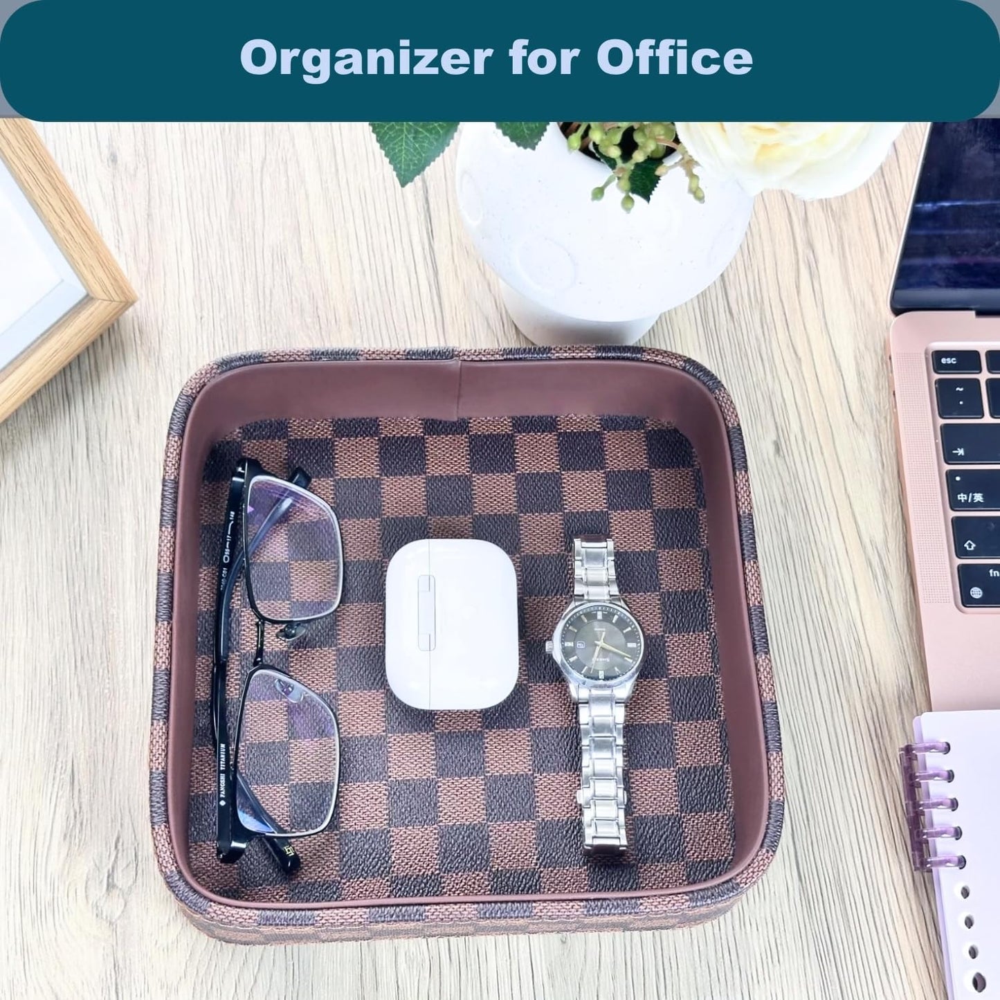 Leather Valet Tray for Men (Solid Wood Inside), Key Trays Bowl for Entryway Table, EDC Catch All Dish, Organizer Decorative Tray for Cologne Jewelry Perfume Watch Wallet- Brown Checkered PU