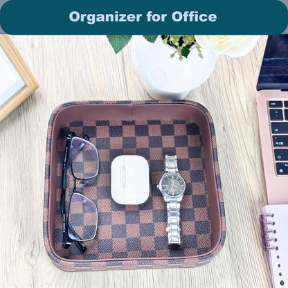 Leather Valet Tray for Men (Solid Wood Inside), Key Trays Bowl for Entryway Table, EDC Catch All Dish, Organizer Decorative Tray for Cologne Jewelry Perfume Watch Wallet- Brown Checkered PU