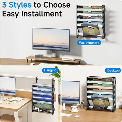 Lavatino 6-Tier Hanging File Organizer, Wall Mount File Holder for Mails Folders Papers Magazine Organization, Vertical Document Organizer for Office Home - (White)
