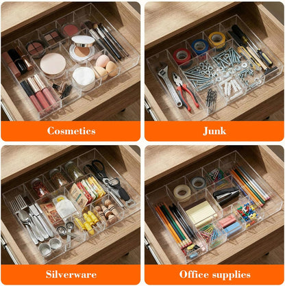 Large Acrylic Desk Deep Drawer Organizer with Adjustable Dividers, Anti-skip Clear Desk Top Junk Drawer Storage Tray for Pens, Desktop, Office, Bathroom, Kitchen, Makeup Supplies(7 Compartments)