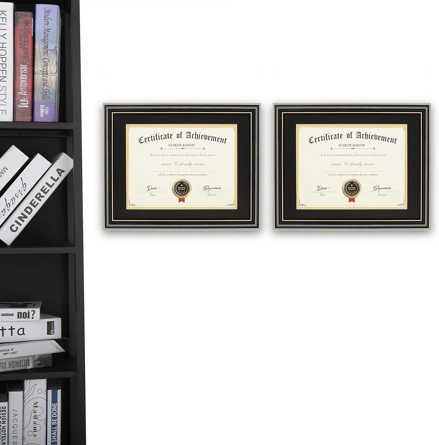 ELSKER&HOME Diploma Frame - Wide Solid Wood Frame - Black Velvet Golden Rim Mat - Semi-Tempered Glass - Includes Hanging Hardware and Desktop Easel(ONLY Display 11×14 Document/Certificate)