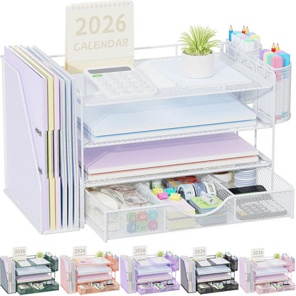 gianotter Desk Organizers and Accessories with File Holder, 4-Tier Desk Accessories & Workspace Organizers with Drawer and 2 Pen Holder, Paper Organizer for Office Supplies (Rose Gold)