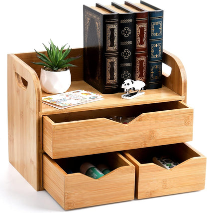 Hacaroa 3 Tier Bamboo Desktop Organizer with 3 Drawers, Tabletop Craft Box Cosmetic Storage Drawer with Handle, Portable Desk Letter Mail Sorter for Office Supply, Toiletries