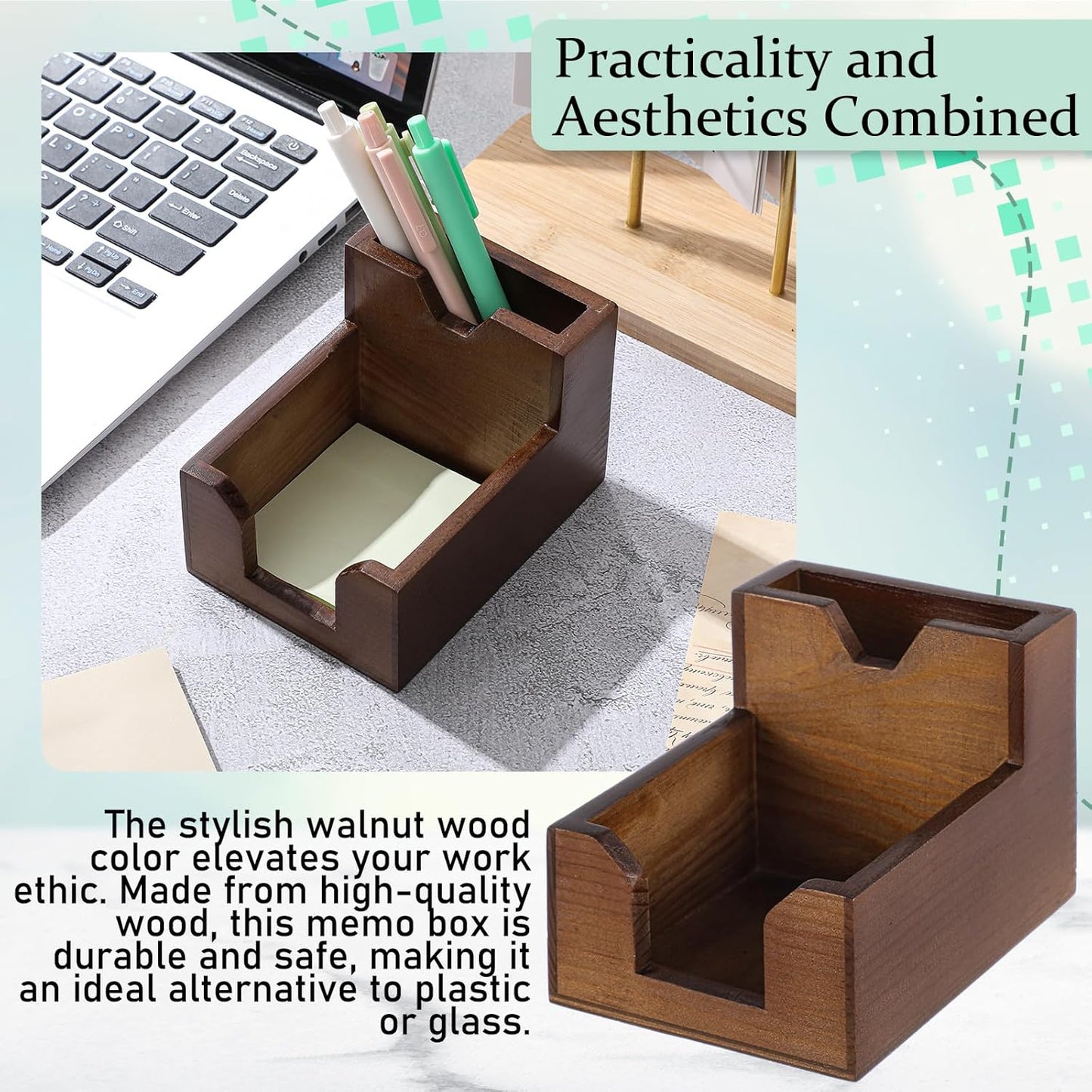 Crtiin 2 Sets Wood Sticky Note Holder, 2-in-1 Pen and Sticky Note Dispenser with 200 Sheets 3x3 Inches Sticky-Notes, Walnut Color Pen Holder for Office Home School Dorm Room Desk Organizer