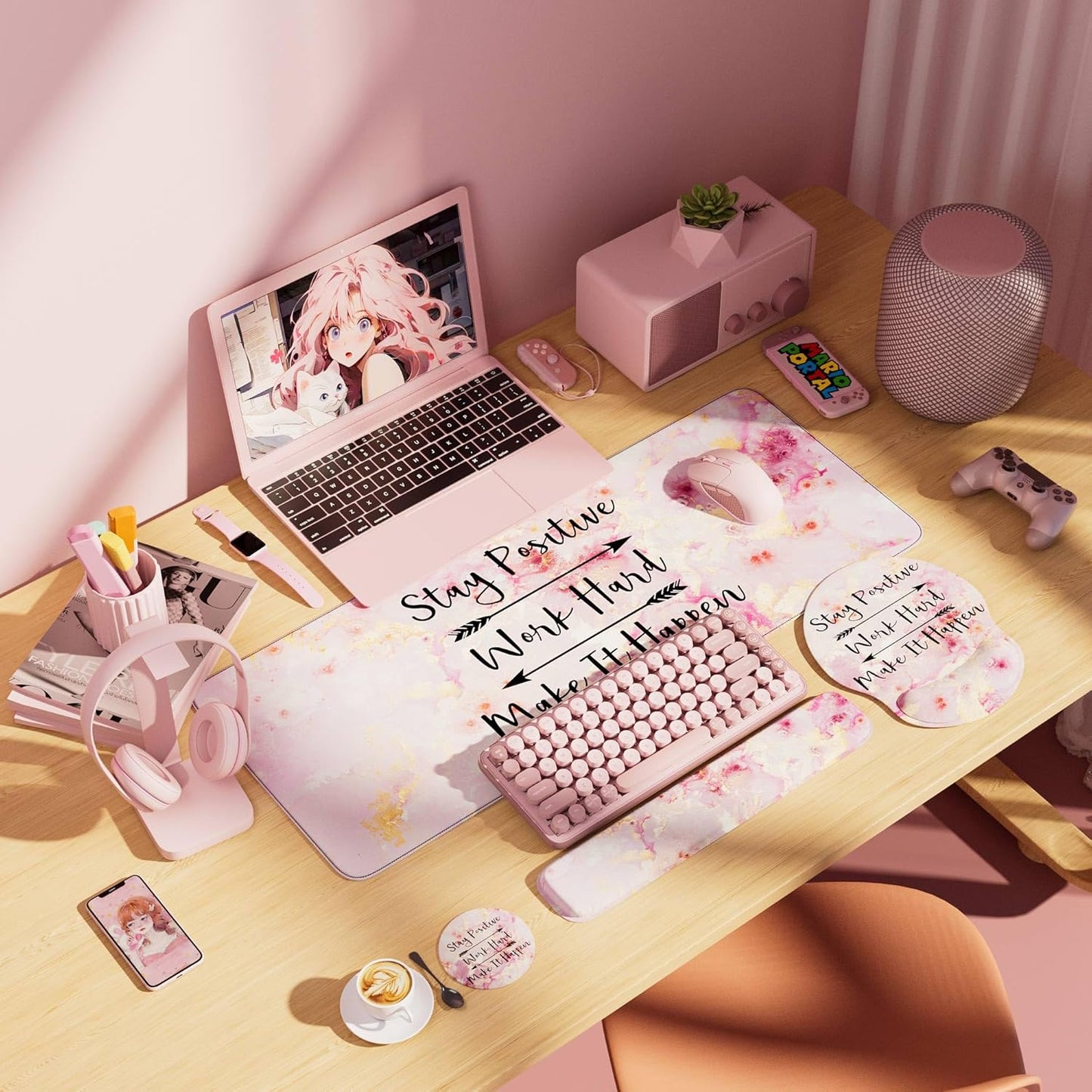 Desk Mat Set + Keyboard and Mouse Pad with Wrist Rest Support,4-in-1 Large Mousepad Computer Mats for Desktop Home & Office-Purple Butterflies