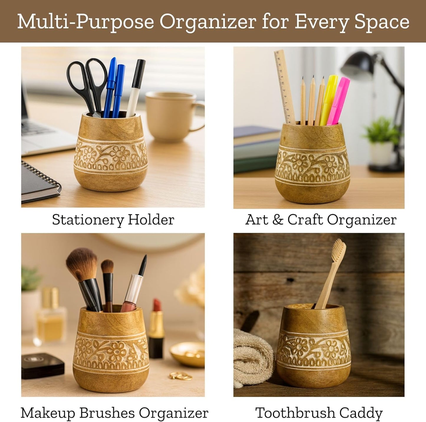 Mie Creations Designer Pencil Holder for Desk Wood | Wooden Pen Stand, Paintbrush Cup, Desk Accessories, Cute Make Up Brush Organizers | Office Desktop Stationery, Christmas Holidays Gift- 4'' Brown
