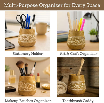 Mie Creations Designer Pencil Holder for Desk Wood | Wooden Pen Stand, Paintbrush Cup, Desk Accessories, Cute Make Up Brush Organizers | Office Desktop Stationery, Christmas Holidays Gift- 4'' Brown