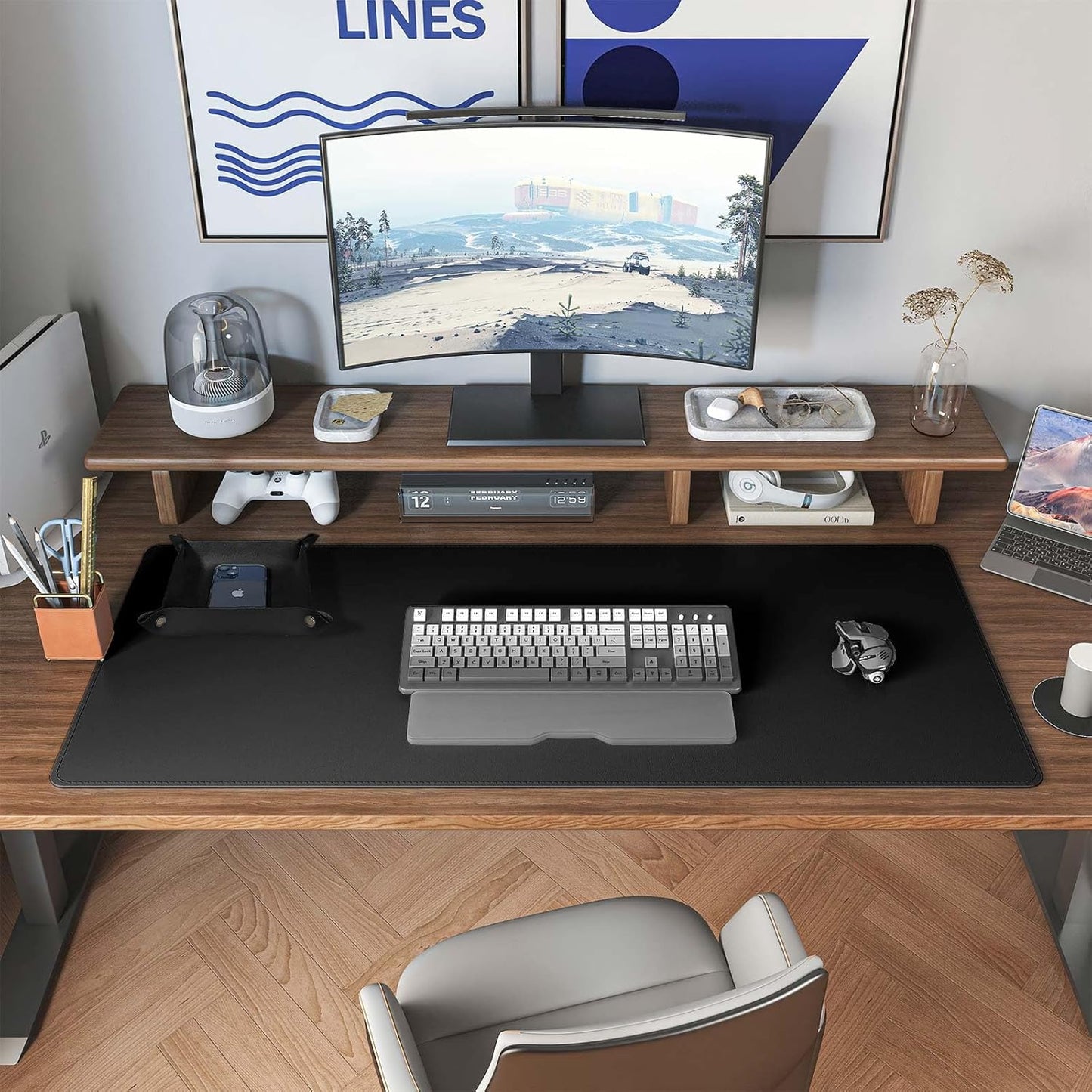 DAWNTREES Dual Sided Desk Mat,Leather Desk Pad,Cork Desk Mat Protector,with PU Leather Valet Tray Organizer,Large Mouse Pad,Desk Writing Pad for Office and Home(Dark Green 31.5"x15.8")
