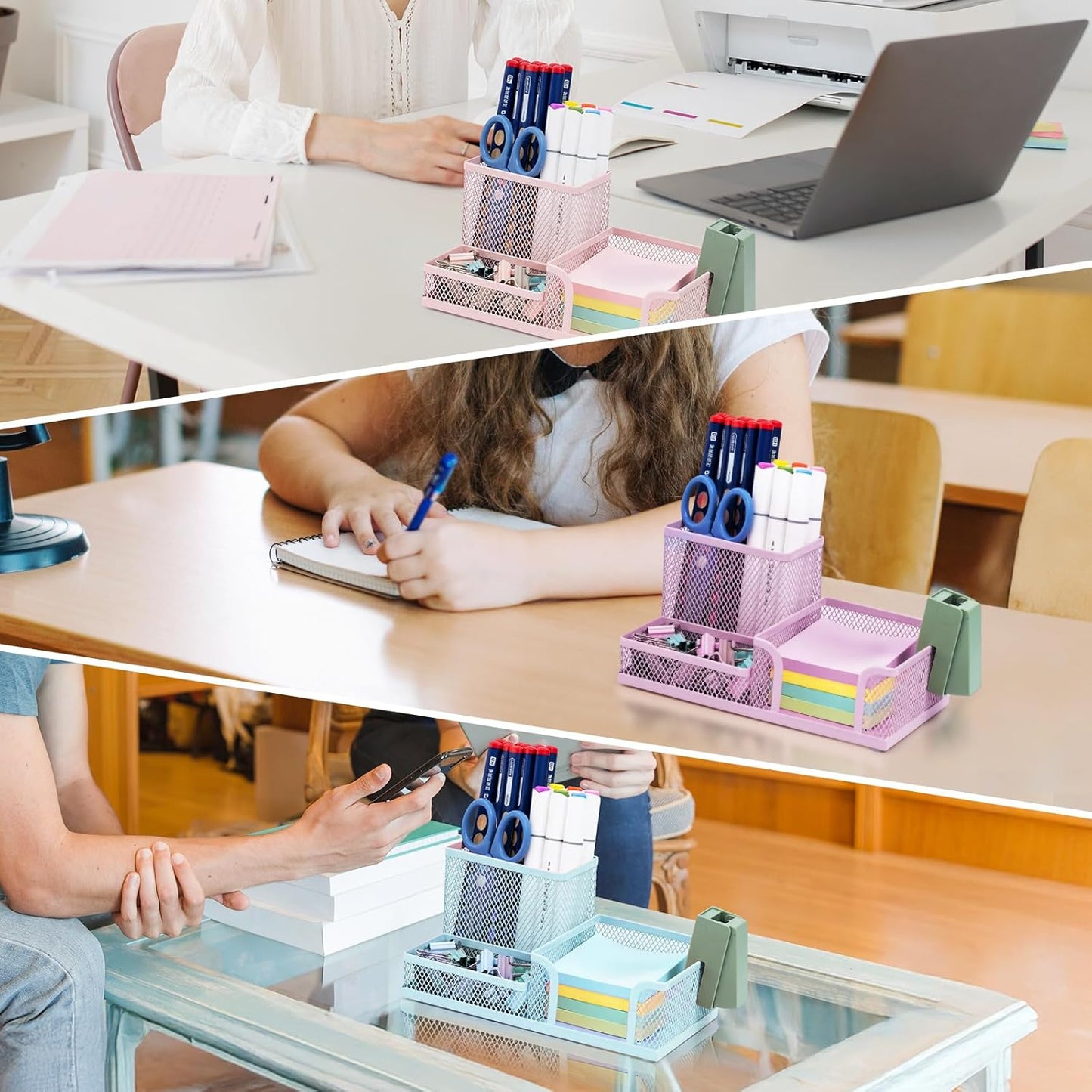 M&G Mesh Pen Holder Desk Organizers Pencil Holder for Desk Black, 3 Compartments Metal Office Supply Organizer with Sticky Notes Holder for School Home Office