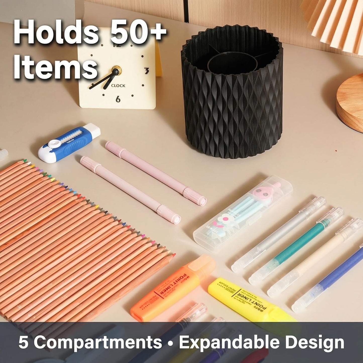 Black Pen Holder for Desk, 360° Rotating Pen Organizer with 5 Slots - Spinning Pencil Holder & Pencil Cup for Office, Art Supply, Makeup Brush - Desk Organizer for Home, School