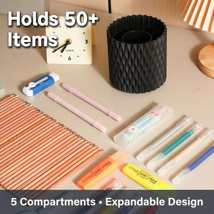 Black Pen Holder for Desk, 360° Rotating Pen Organizer with 5 Slots - Spinning Pencil Holder & Pencil Cup for Office, Art Supply, Makeup Brush - Desk Organizer for Home, School