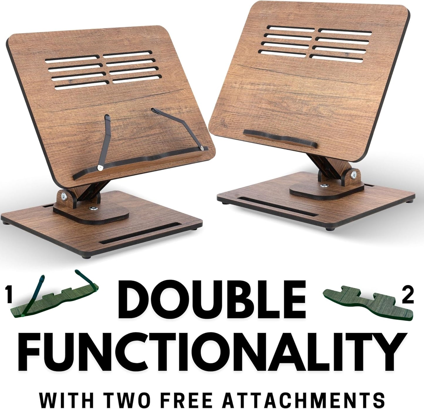 Vigo Wood Book Stand for Reading 360° Adjustable, Wooden Laptop Stand, Cookbooks Holder, Music Scores, Featuring Multi-Height Angles and Foldable Design with Page Clips.