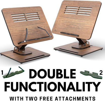 Vigo Wood Book Stand for Reading 360° Adjustable, Wooden Laptop Stand, Cookbooks Holder, Music Scores, Featuring Multi-Height Angles and Foldable Design with Page Clips.