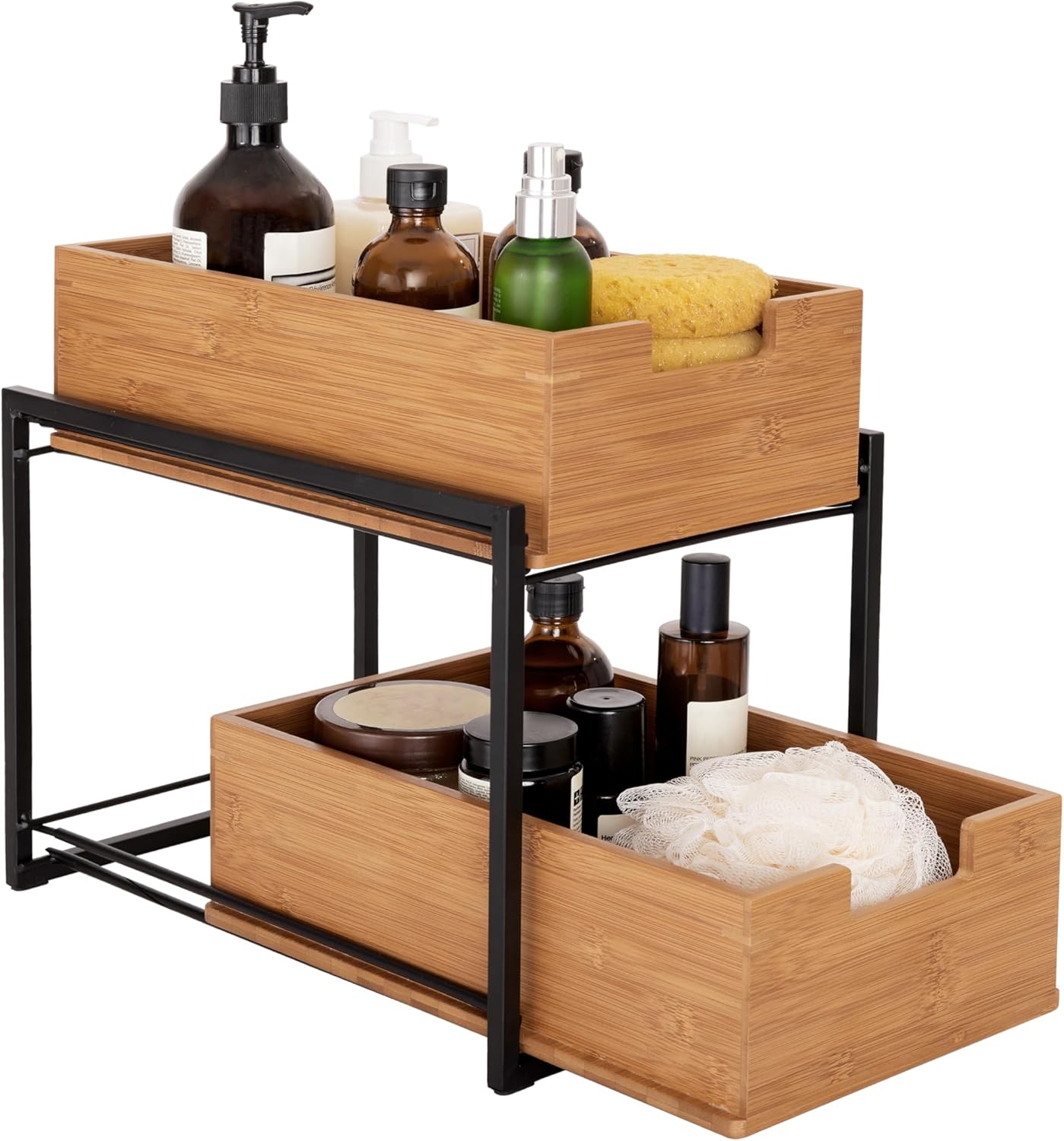 Seville Classics Bamboo Premium Organizer Storage Bins for Kitchen Silverware, Pantry, Closet, Office Desk, Pens, Utensils, Makeup, K Cup, Bamboo, Bag Holder Bin Set (4 Piece)