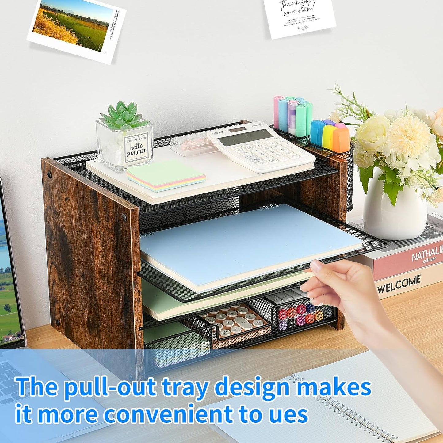 OPNICE Desk Organizers and Accessories, 4-Tier Office Desk Accessories & Workspace Organizers with Drawer and Pen Holder, Desktop Paper Tray File Organizer for Home Office Supplies, Gold
