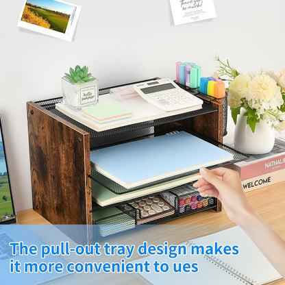 OPNICE Desk Organizers and Accessories, 4-Tier Office Desk Accessories & Workspace Organizers with Drawer and Pen Holder, Desktop Paper Tray File Organizer for Home Office Supplies, Gold