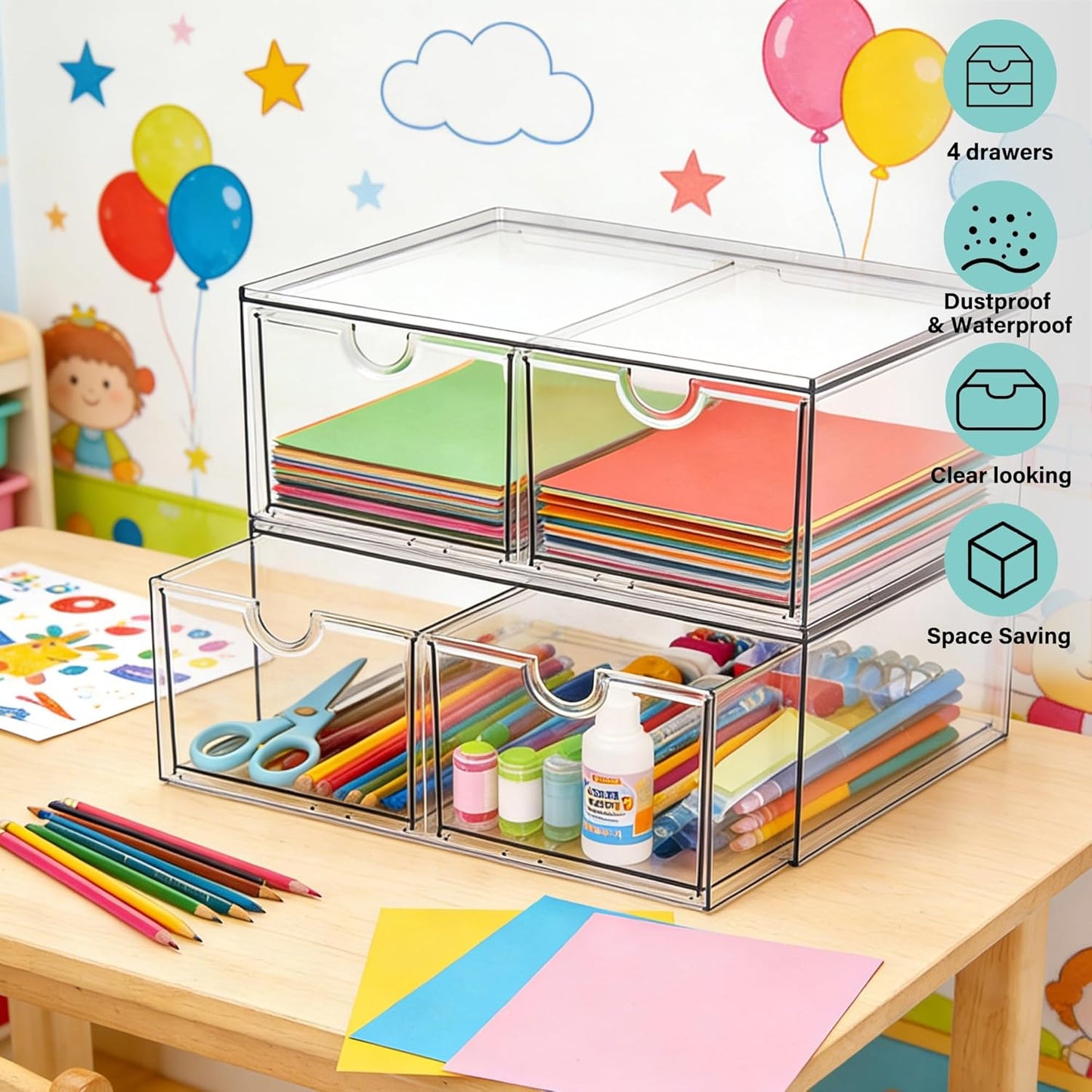 Prsildan Acrylic Makeup Organizer, 2 Pack Stackable Storage Drawers with 6 Drawers for Office Desk Vanity Craft Room Clear Drawer Organizers for Hair Accessories Art Supplies Cosmetics Modular System