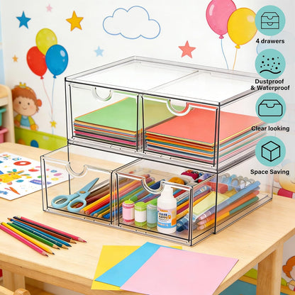 Prsildan Acrylic Makeup Organizer, 2 Pack Stackable Storage Drawers with 6 Drawers for Office Desk Vanity Craft Room Clear Drawer Organizers for Hair Accessories Art Supplies Cosmetics Modular System