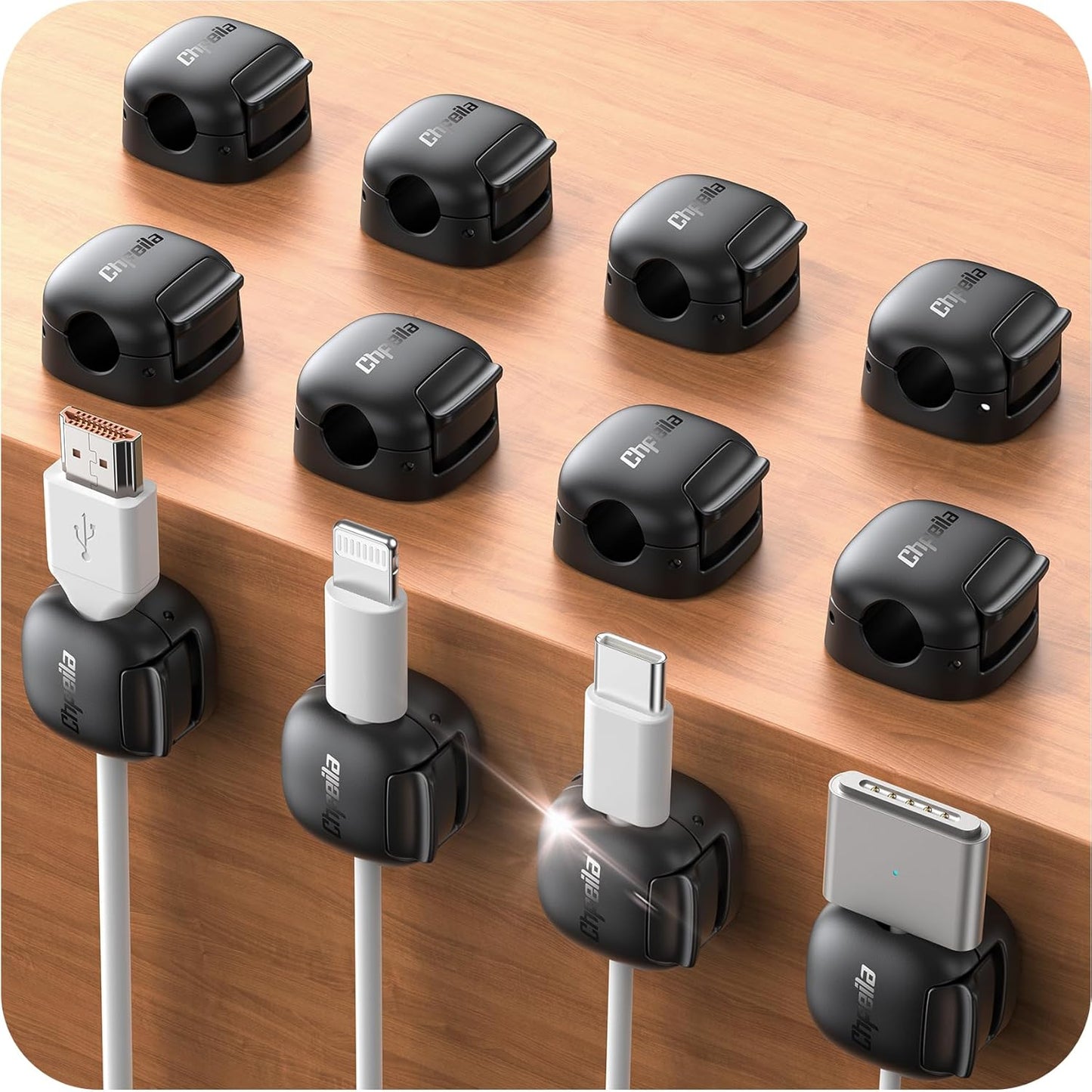 6Pack Cord Organizer - Chfeila [Dual Spring & Clasp Lock] Cable Management Clips, Adhesive Phone Charger Keeper, Compact Wire Holder for Nightstand/Car, Home Office Desk Accessories Decor Essentials